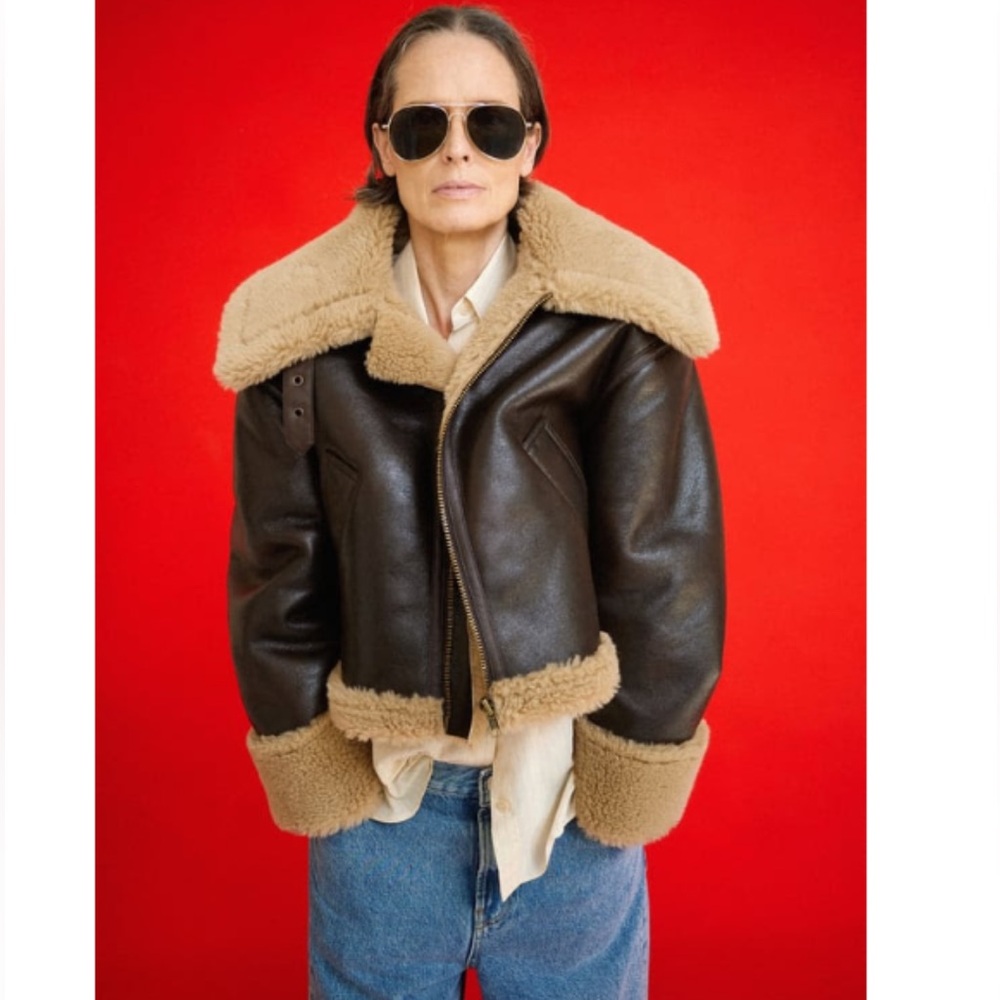 Zara Double-Faced Biker Jacket Shearling Lined Brown Leather Jacket